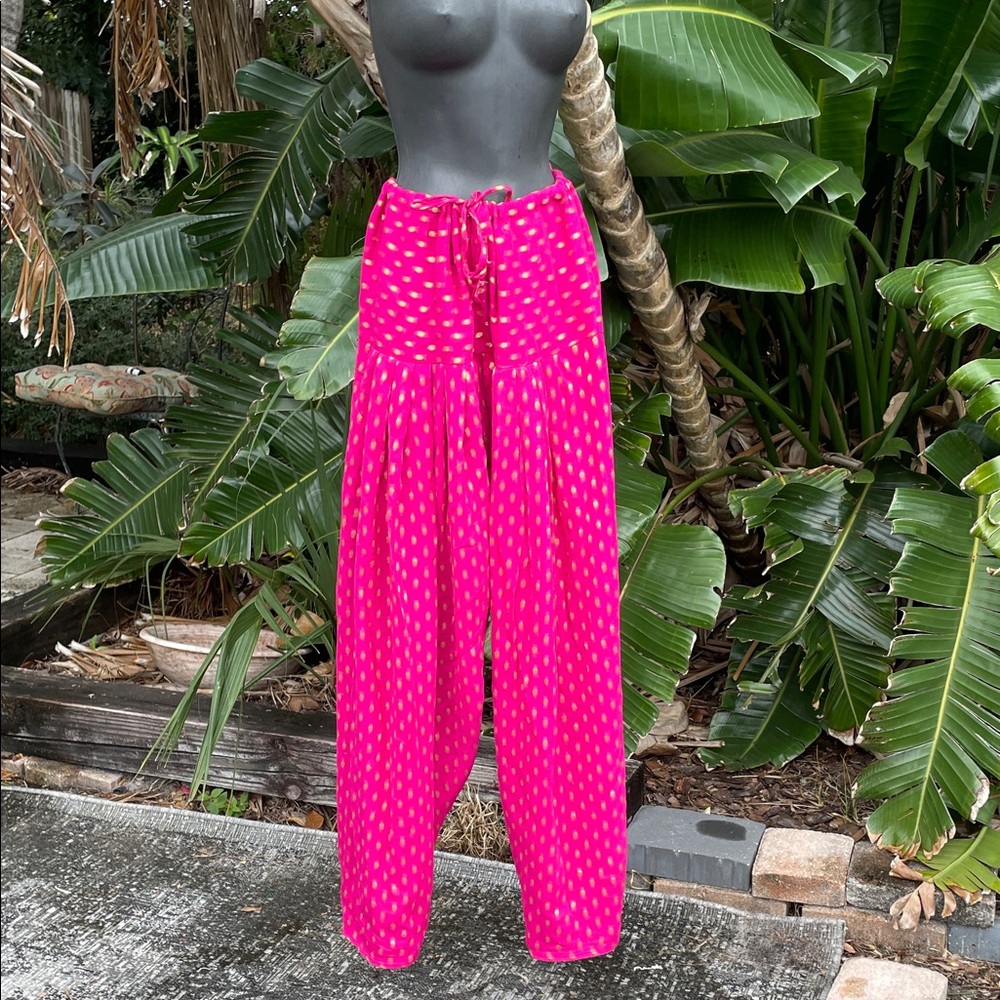 Gold metallic polkadot drop waist balloon pants